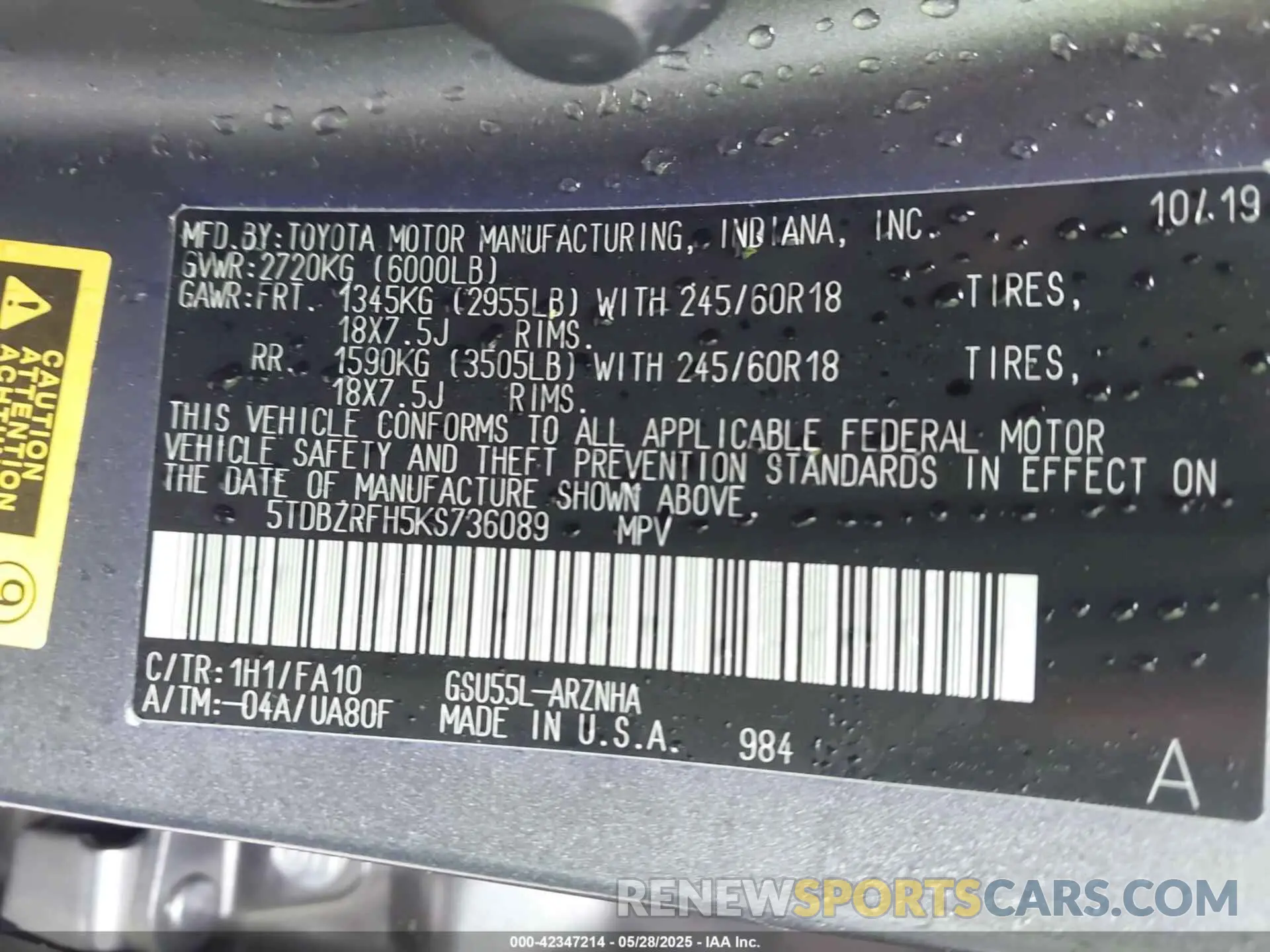 9 Photograph of a damaged car 5TDBZRFH5KS736089 TOYOTA HIGHLANDER 2019