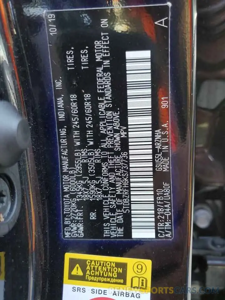 14 Photograph of a damaged car 5TDBZRFH6KS737736 TOYOTA HIGHLANDER 2019