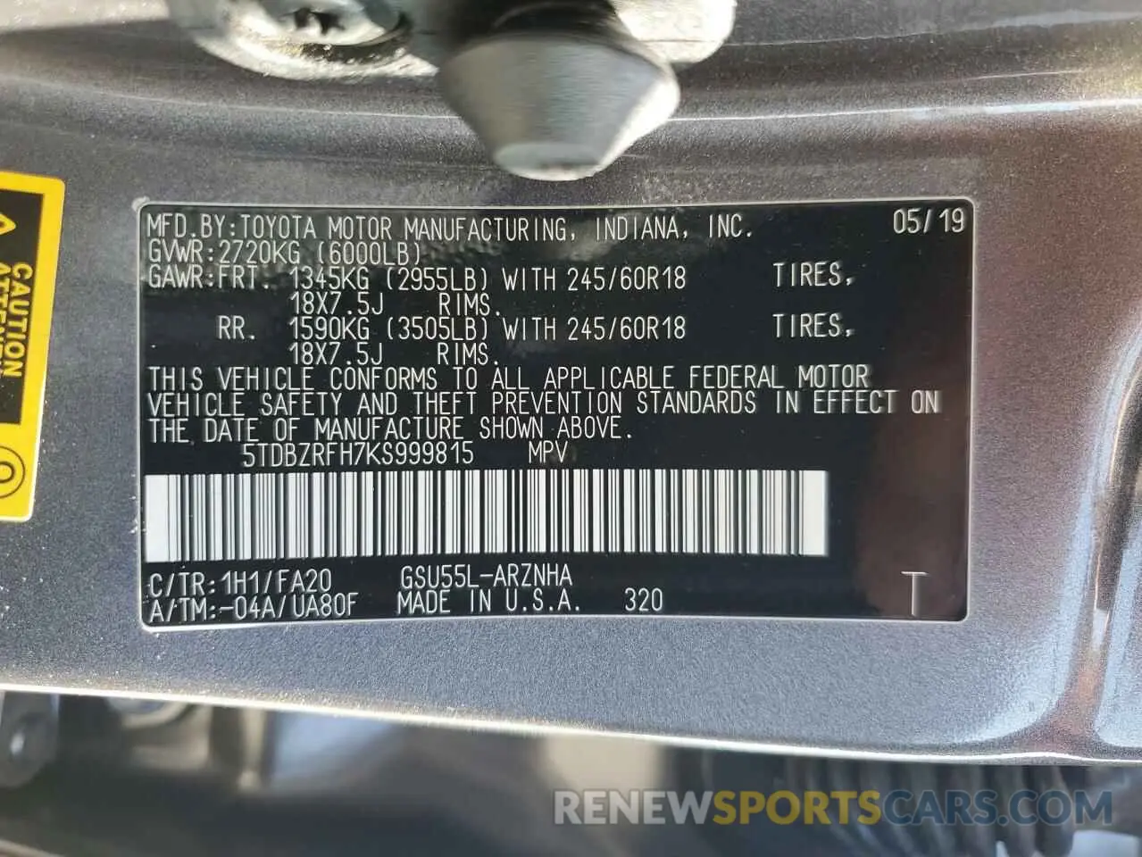 13 Photograph of a damaged car 5TDBZRFH7KS999815 TOYOTA HIGHLANDER 2019
