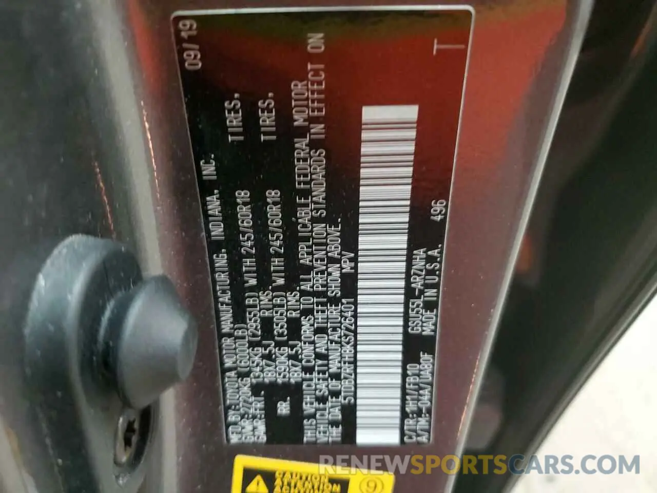 15 Photograph of a damaged car 5TDBZRFH8KS726401 TOYOTA HIGHLANDER 2019