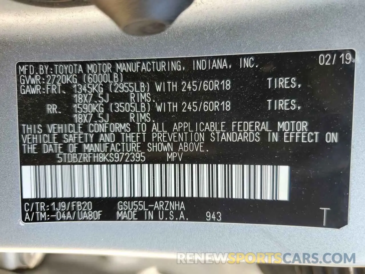 13 Photograph of a damaged car 5TDBZRFH8KS972395 TOYOTA HIGHLANDER 2019
