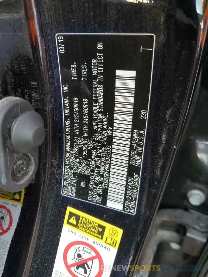 13 Photograph of a damaged car 5TDBZRFH8KS975393 TOYOTA HIGHLANDER 2019
