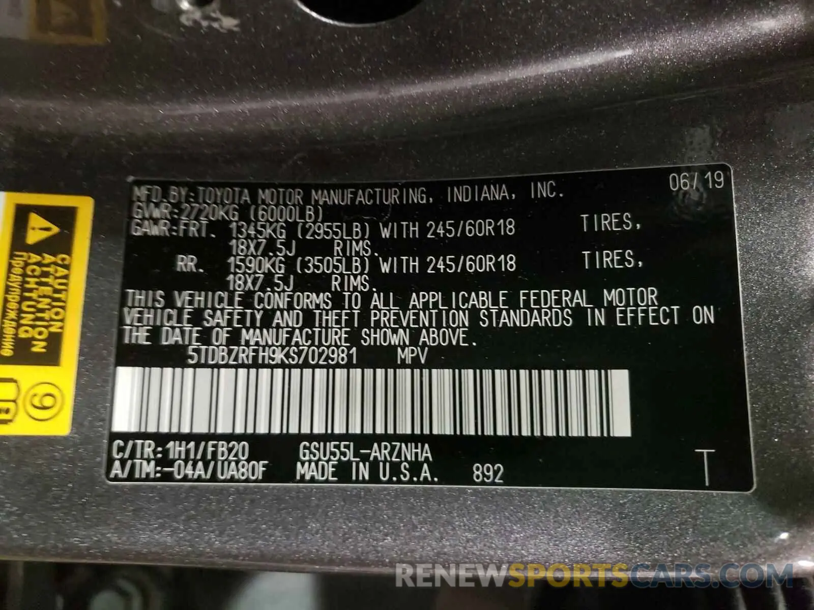 10 Photograph of a damaged car 5TDBZRFH9KS702981 TOYOTA HIGHLANDER 2019