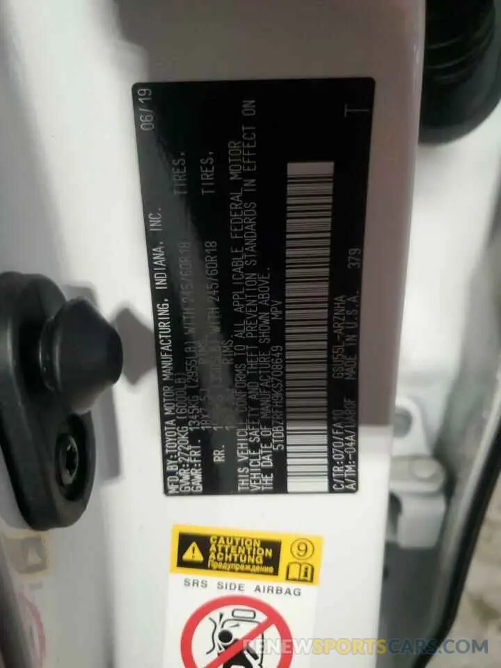 13 Photograph of a damaged car 5TDBZRFH9KS708649 TOYOTA HIGHLANDER 2019