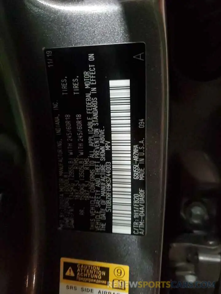 13 Photograph of a damaged car 5TDBZRFH9KS744003 TOYOTA HIGHLANDER 2019