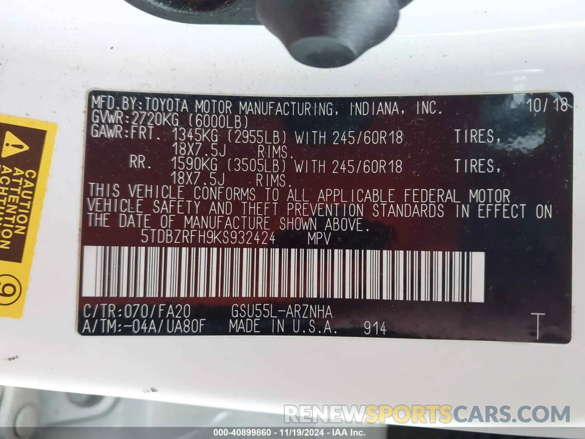 9 Photograph of a damaged car 5TDBZRFH9KS932424 TOYOTA HIGHLANDER 2019