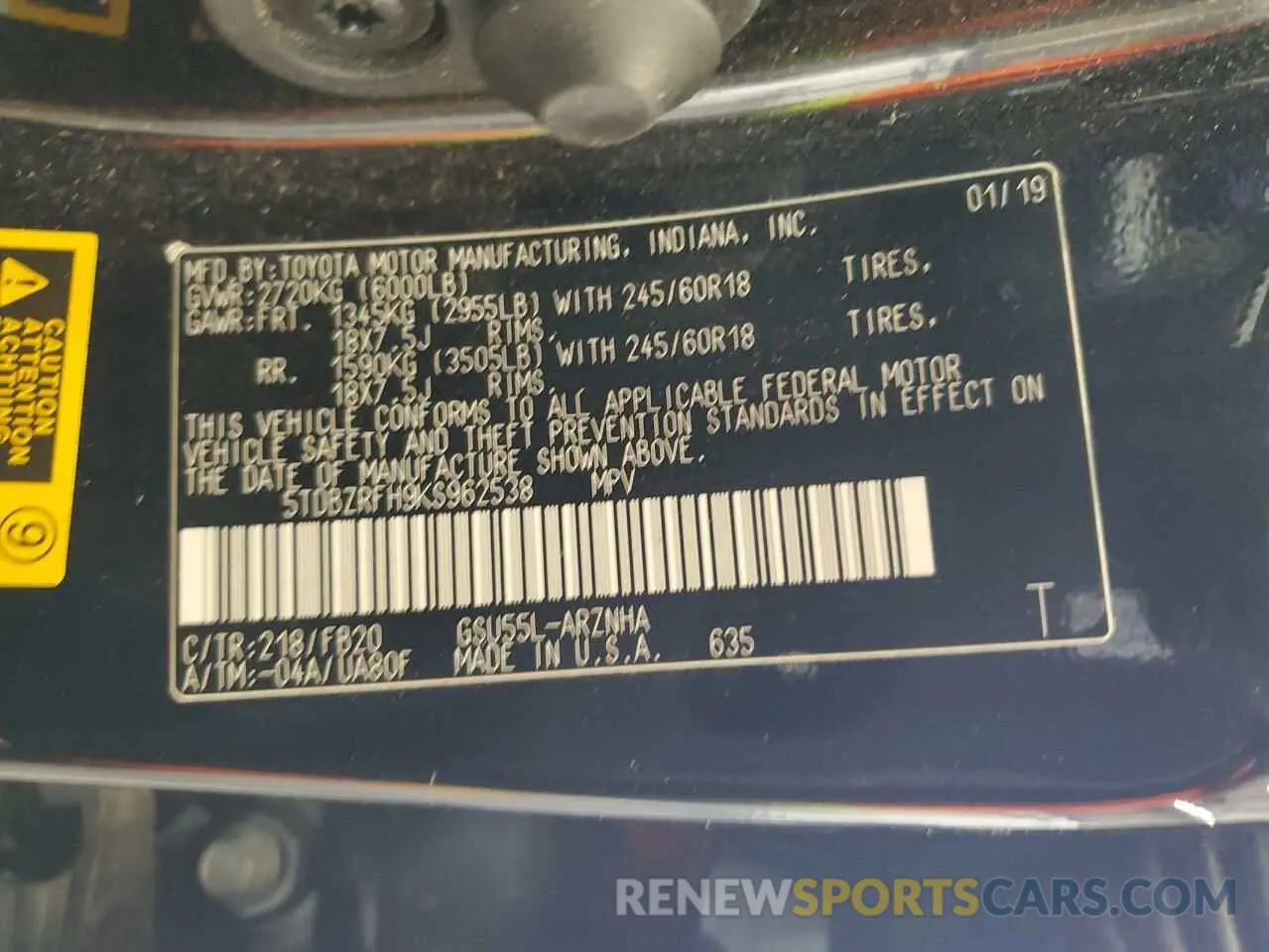 14 Photograph of a damaged car 5TDBZRFH9KS962538 TOYOTA HIGHLANDER 2019