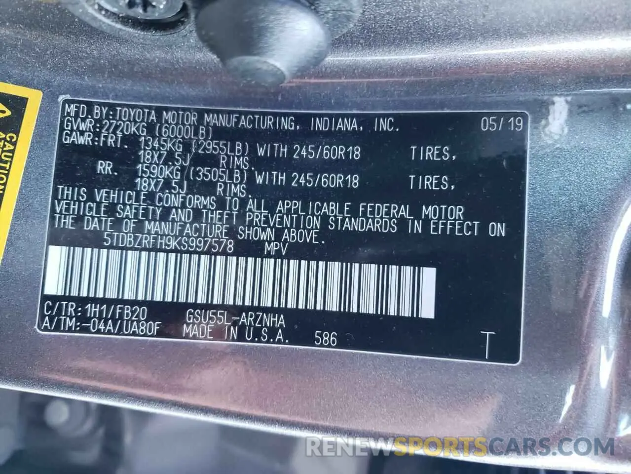 13 Photograph of a damaged car 5TDBZRFH9KS997578 TOYOTA HIGHLANDER 2019