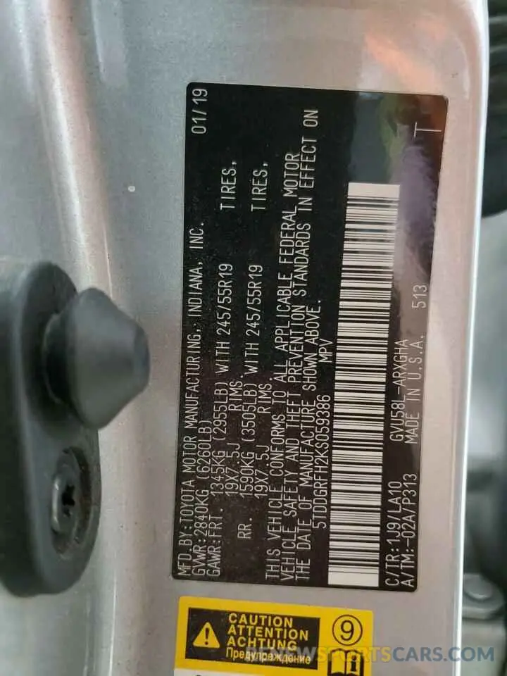 14 Photograph of a damaged car 5TDDGRFH2KS059386 TOYOTA HIGHLANDER 2019