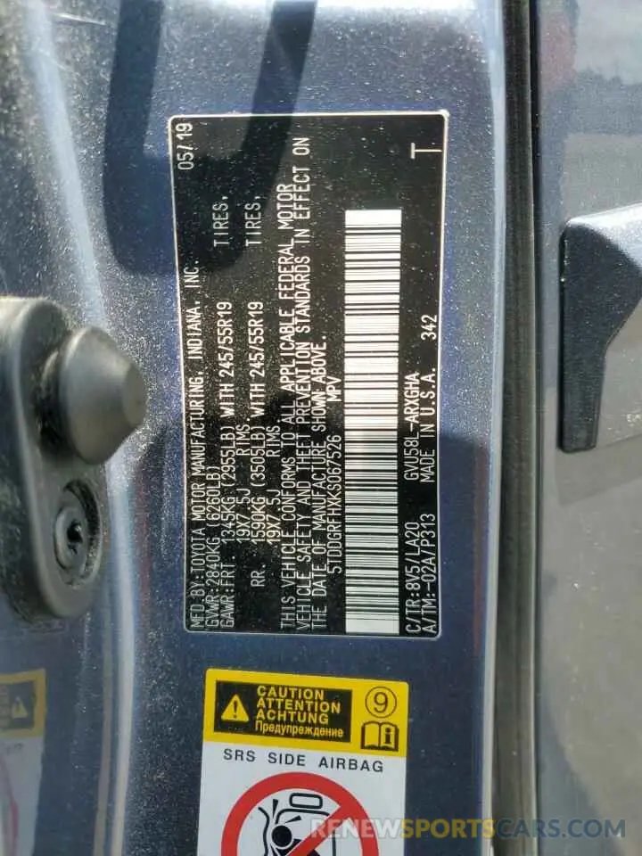 13 Photograph of a damaged car 5TDDGRFHXKS067526 TOYOTA HIGHLANDER 2019