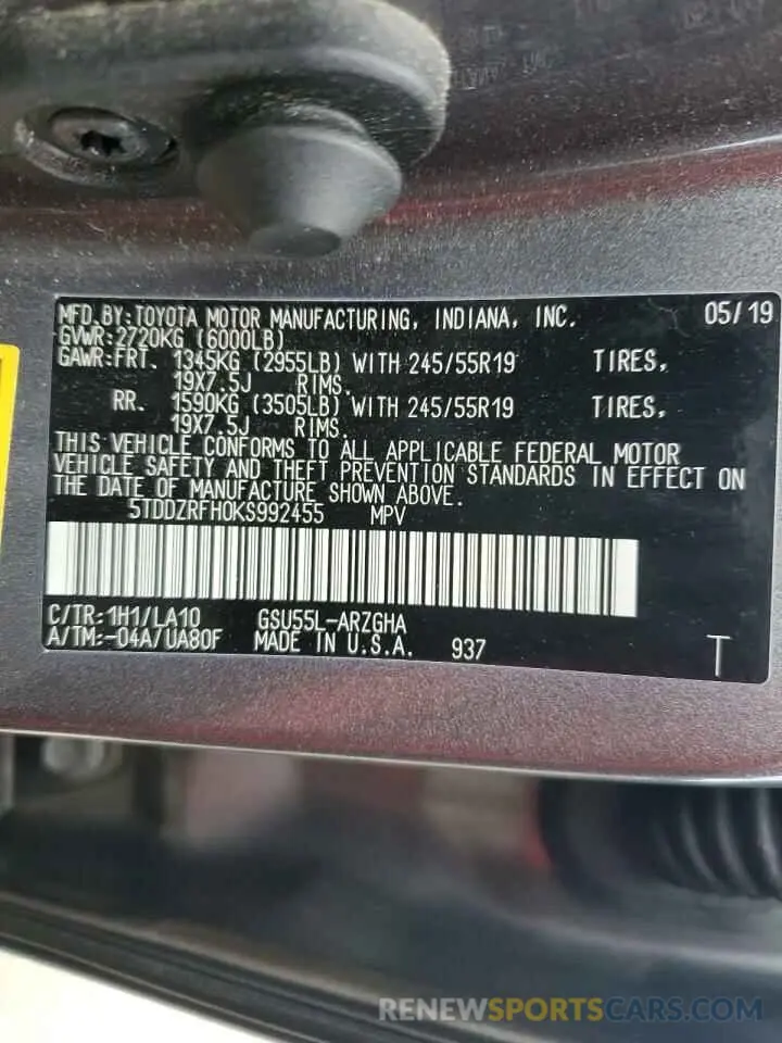 12 Photograph of a damaged car 5TDDZRFH0KS992455 TOYOTA HIGHLANDER 2019