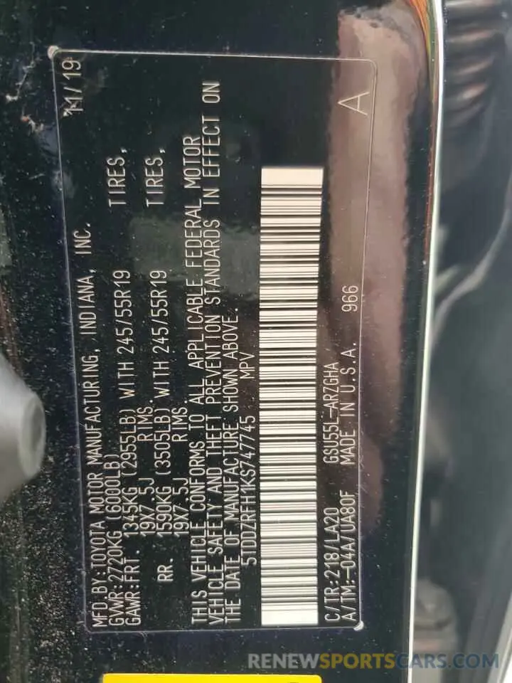 13 Photograph of a damaged car 5TDDZRFH1KS747745 TOYOTA HIGHLANDER 2019