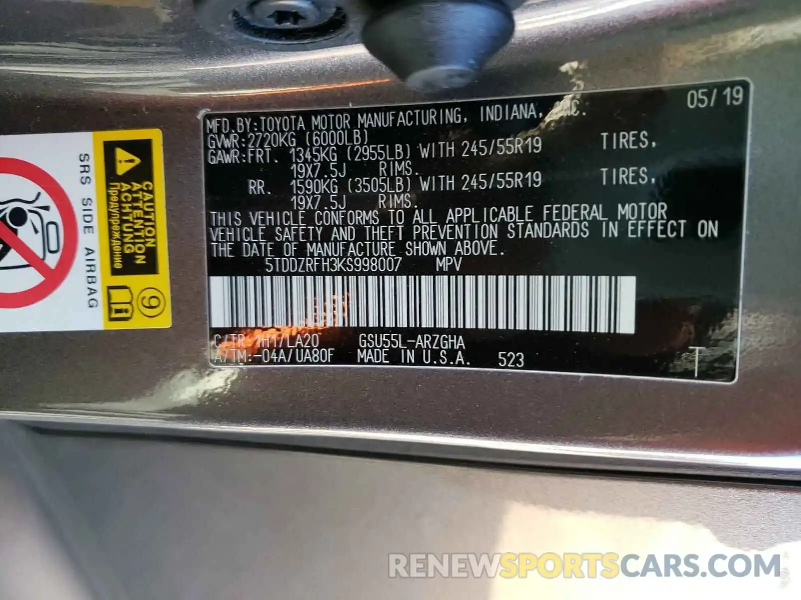 10 Photograph of a damaged car 5TDDZRFH3KS998007 TOYOTA HIGHLANDER 2019