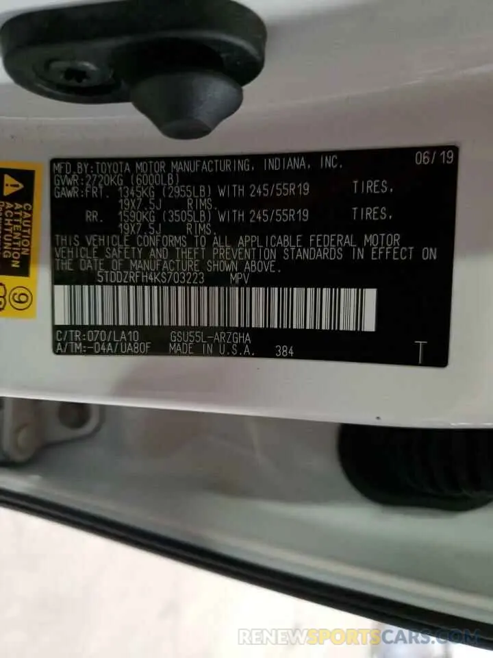 13 Photograph of a damaged car 5TDDZRFH4KS703223 TOYOTA HIGHLANDER 2019