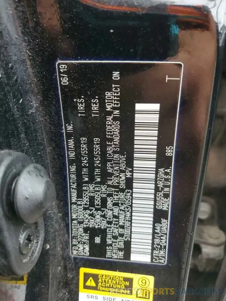 13 Photograph of a damaged car 5TDDZRFH4KS705943 TOYOTA HIGHLANDER 2019