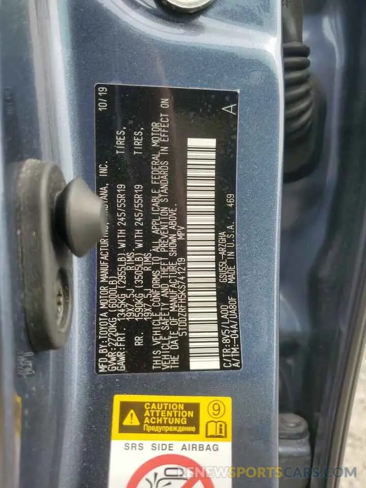 13 Photograph of a damaged car 5TDDZRFH5KS741219 TOYOTA HIGHLANDER 2019
