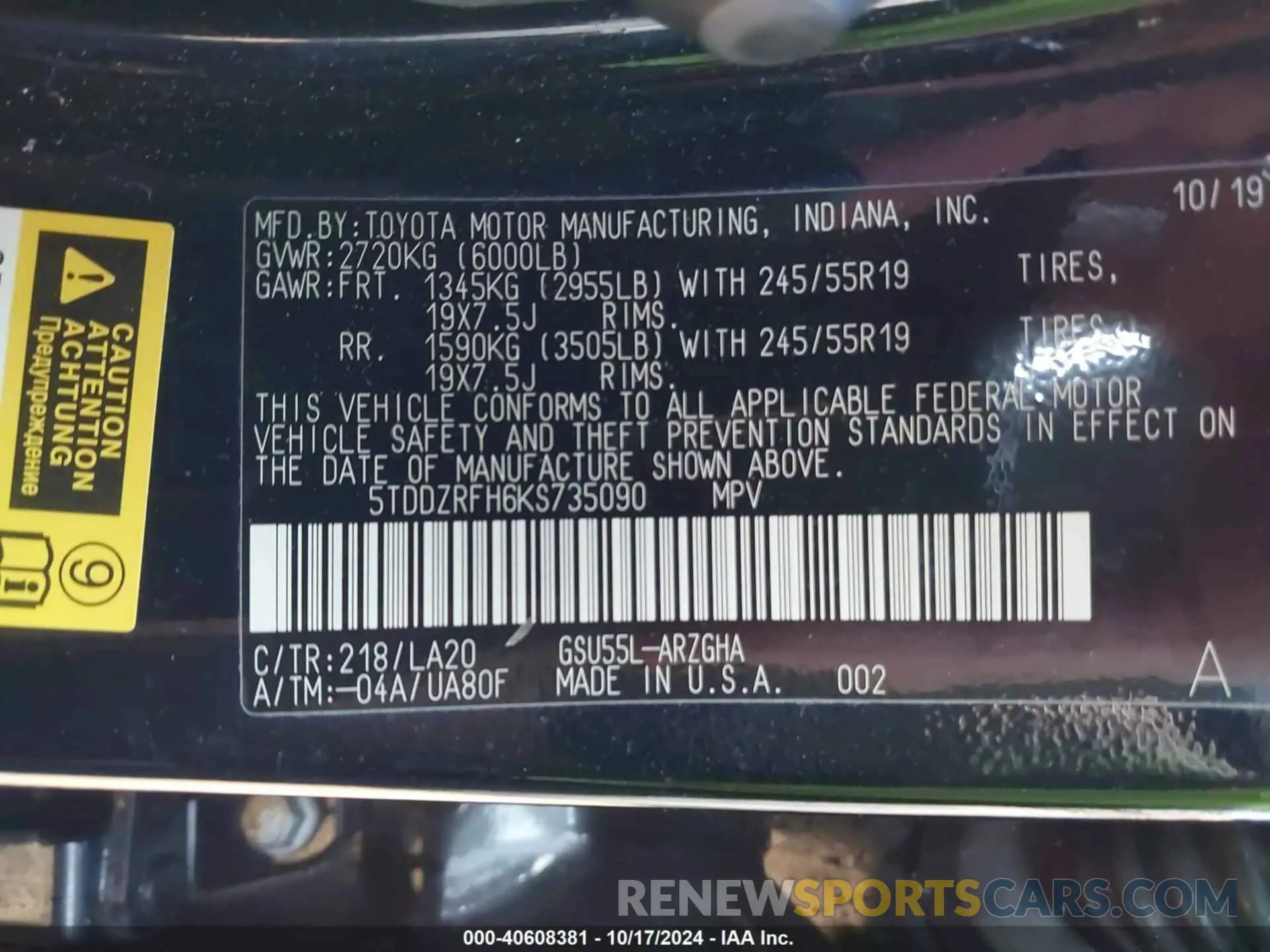 9 Photograph of a damaged car 5TDDZRFH6KS735090 TOYOTA HIGHLANDER 2019