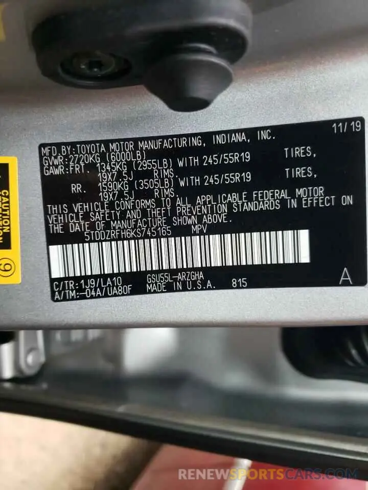 10 Photograph of a damaged car 5TDDZRFH6KS745165 TOYOTA HIGHLANDER 2019