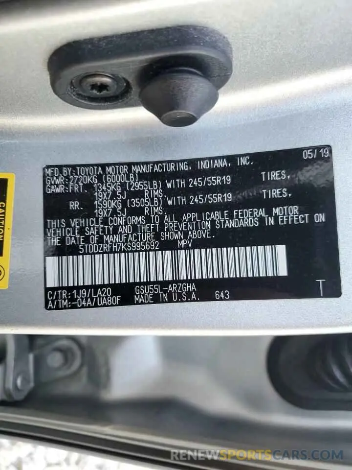 14 Photograph of a damaged car 5TDDZRFH7KS995692 TOYOTA HIGHLANDER 2019