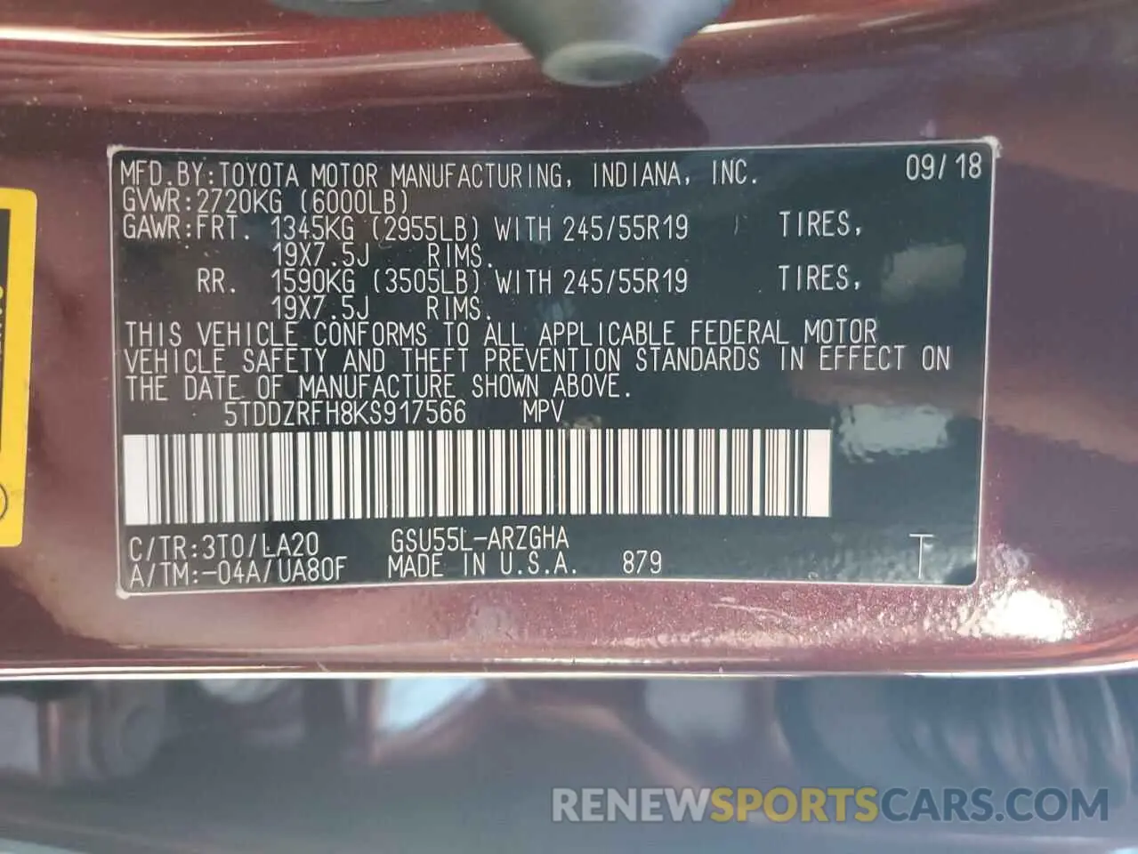 14 Photograph of a damaged car 5TDDZRFH8KS917566 TOYOTA HIGHLANDER 2019