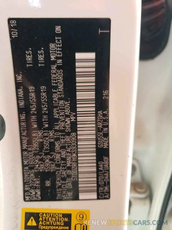 14 Photograph of a damaged car 5TDDZRFH9KS930908 TOYOTA HIGHLANDER 2019