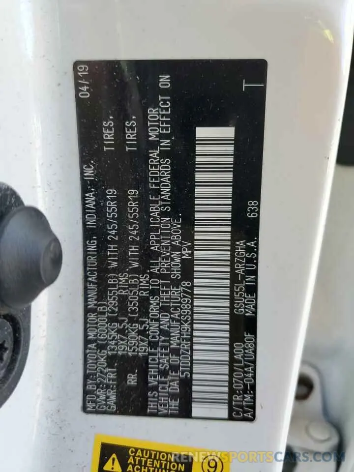 14 Photograph of a damaged car 5TDDZRFH9KS989778 TOYOTA HIGHLANDER 2019