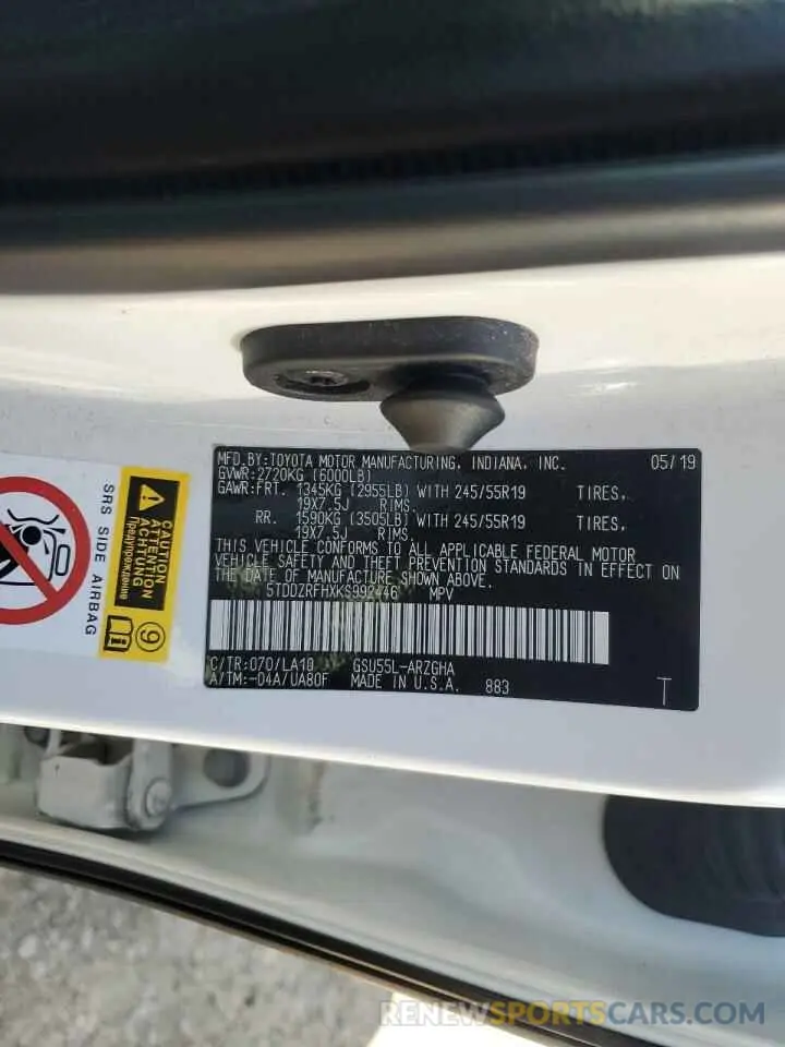 13 Photograph of a damaged car 5TDDZRFHXKS992446 TOYOTA HIGHLANDER 2019