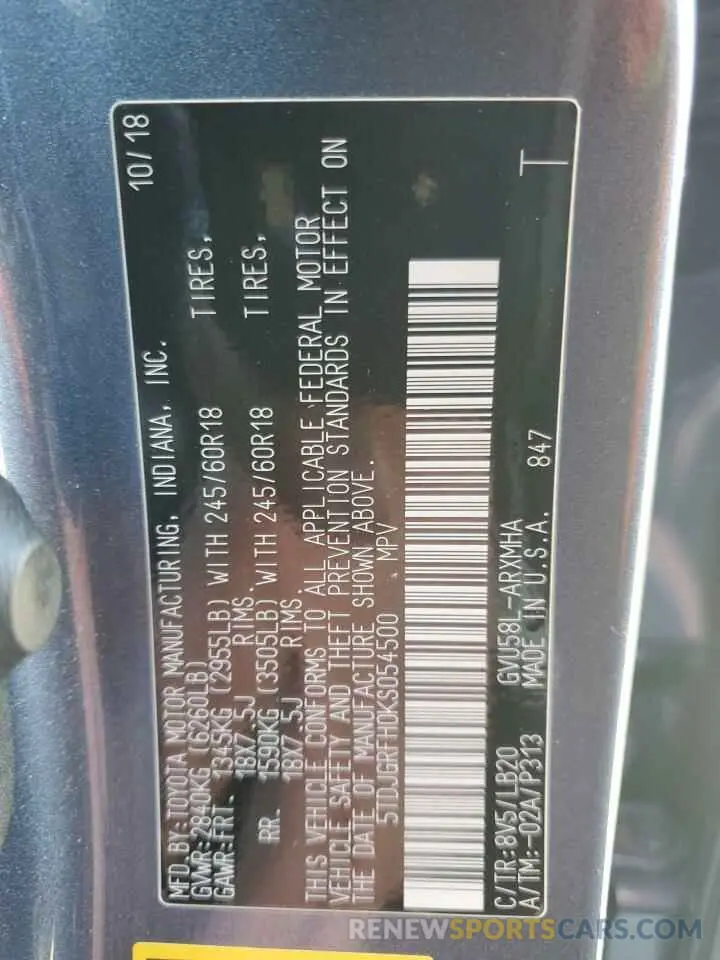 13 Photograph of a damaged car 5TDJGRFH0KS054500 TOYOTA HIGHLANDER 2019