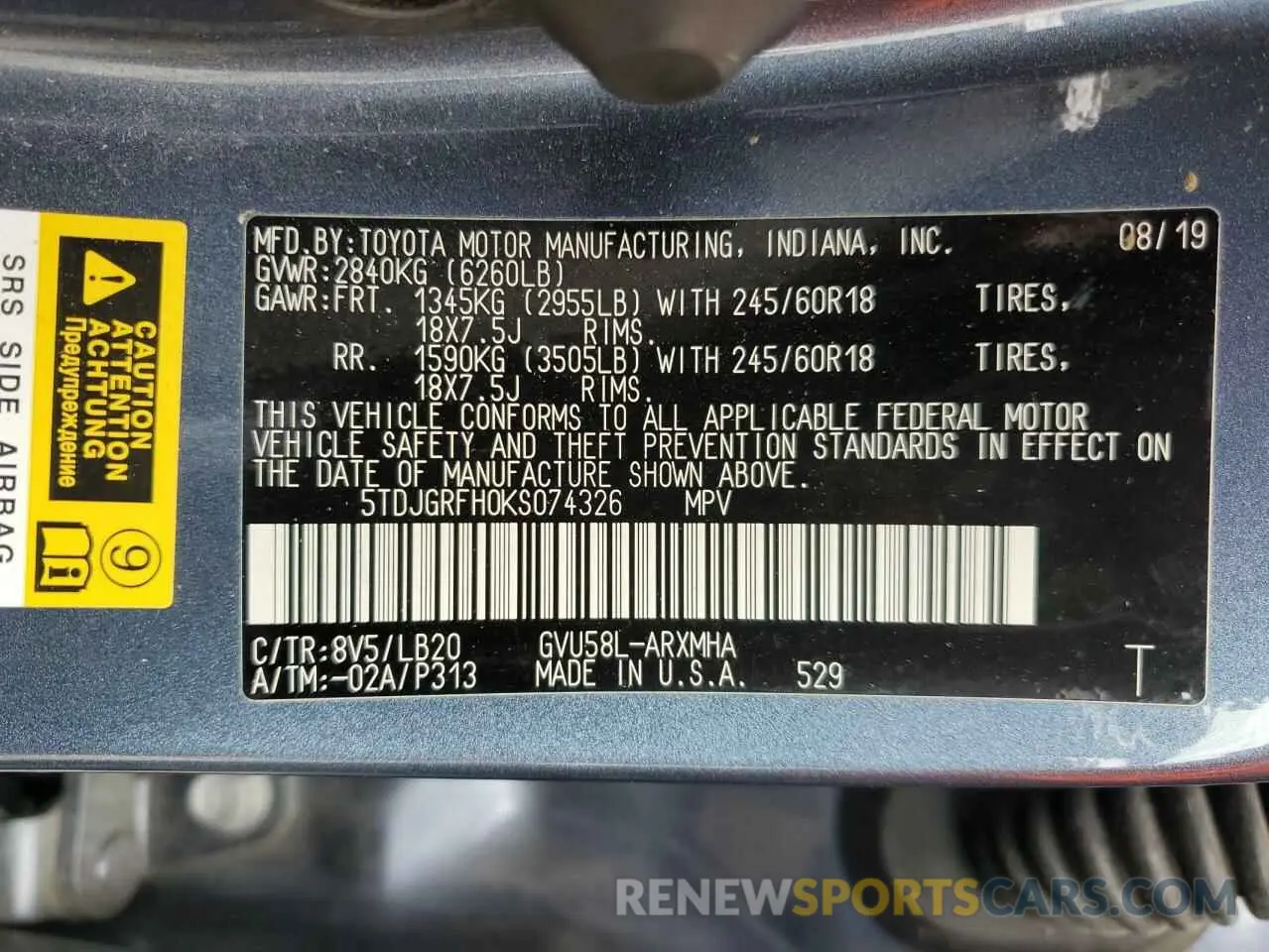 13 Photograph of a damaged car 5TDJGRFH0KS074326 TOYOTA HIGHLANDER 2019