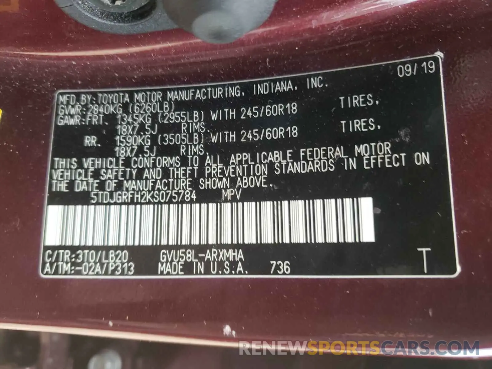 10 Photograph of a damaged car 5TDJGRFH2KS075784 TOYOTA HIGHLANDER 2019