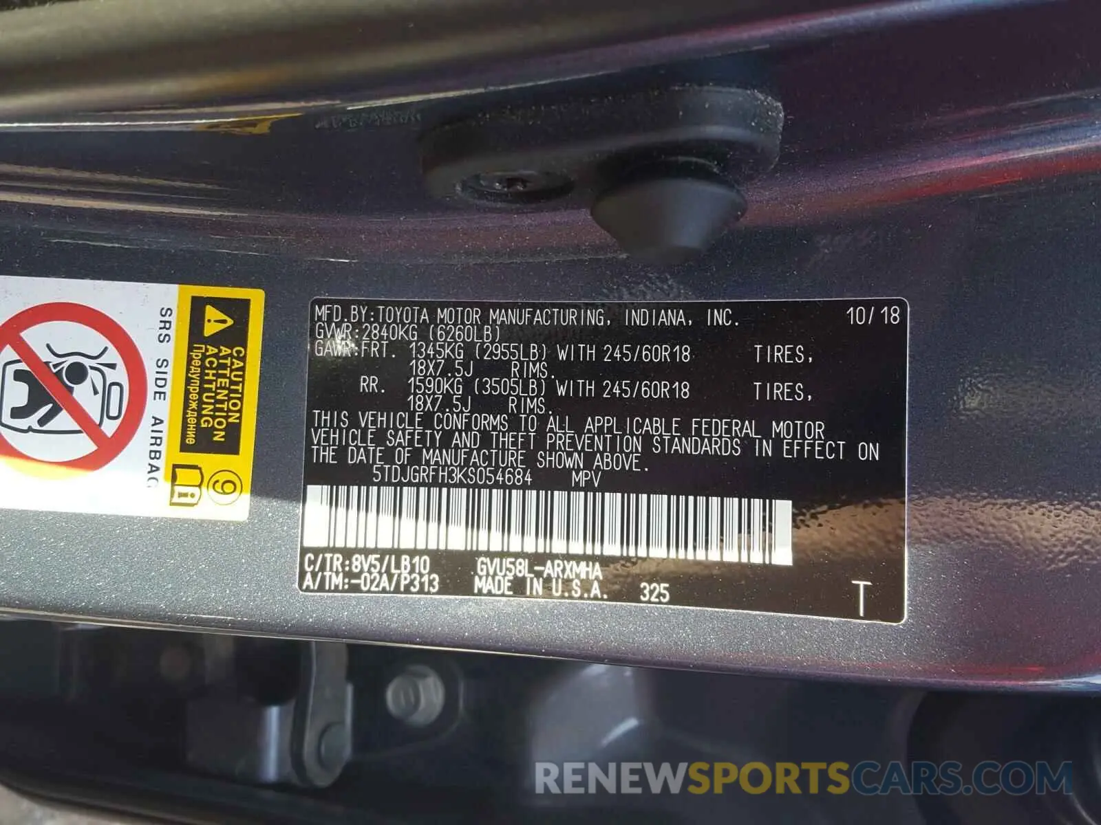 10 Photograph of a damaged car 5TDJGRFH3KS054684 TOYOTA HIGHLANDER 2019