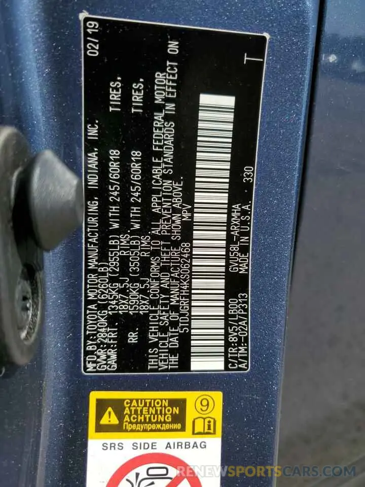 14 Photograph of a damaged car 5TDJGRFH4KS062468 TOYOTA HIGHLANDER 2019