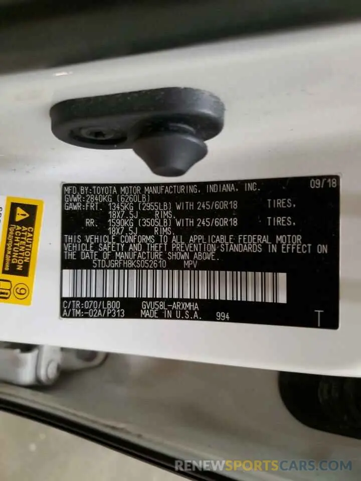 13 Photograph of a damaged car 5TDJGRFH8KS052610 TOYOTA HIGHLANDER 2019
