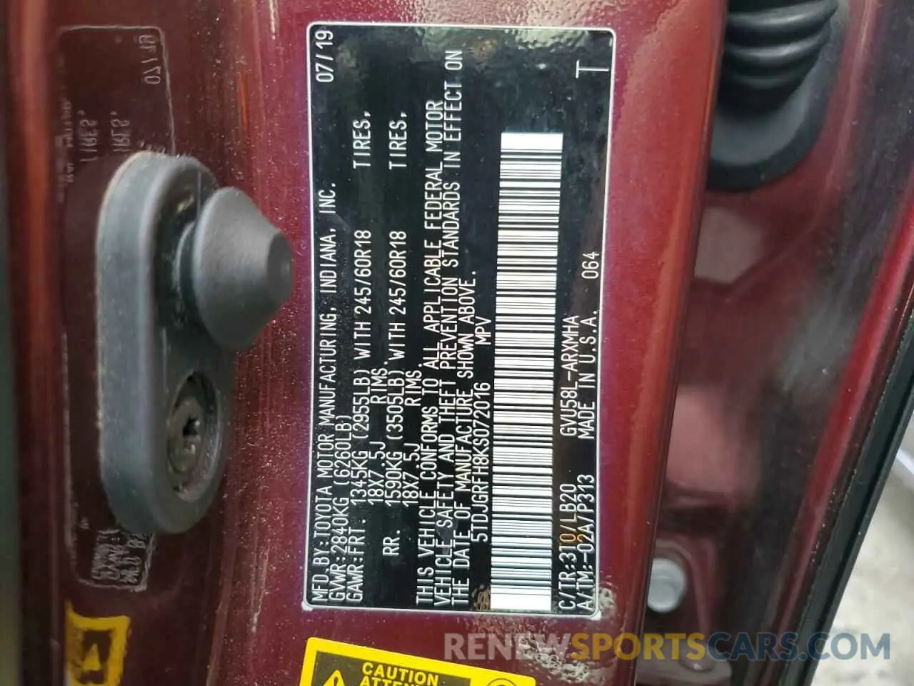 14 Photograph of a damaged car 5TDJGRFH8KS072016 TOYOTA HIGHLANDER 2019