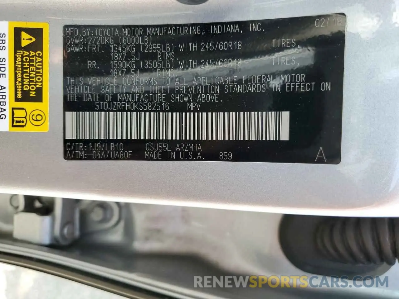 12 Photograph of a damaged car 5TDJZRFH0KS582516 TOYOTA HIGHLANDER 2019