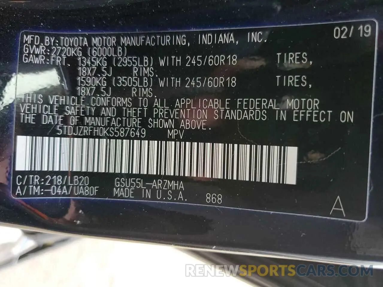 13 Photograph of a damaged car 5TDJZRFH0KS587649 TOYOTA HIGHLANDER 2019