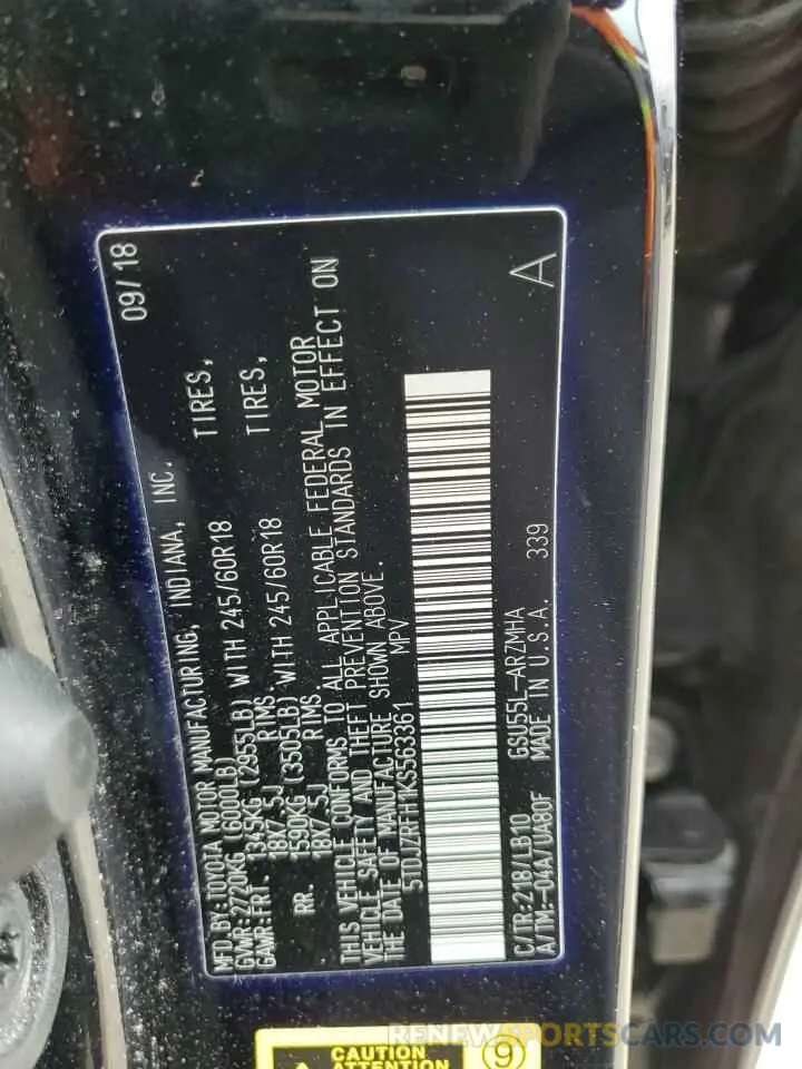 13 Photograph of a damaged car 5TDJZRFH1KS563361 TOYOTA HIGHLANDER 2019