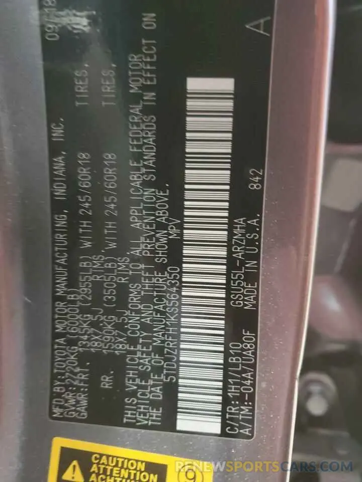 13 Photograph of a damaged car 5TDJZRFH1KS564350 TOYOTA HIGHLANDER 2019