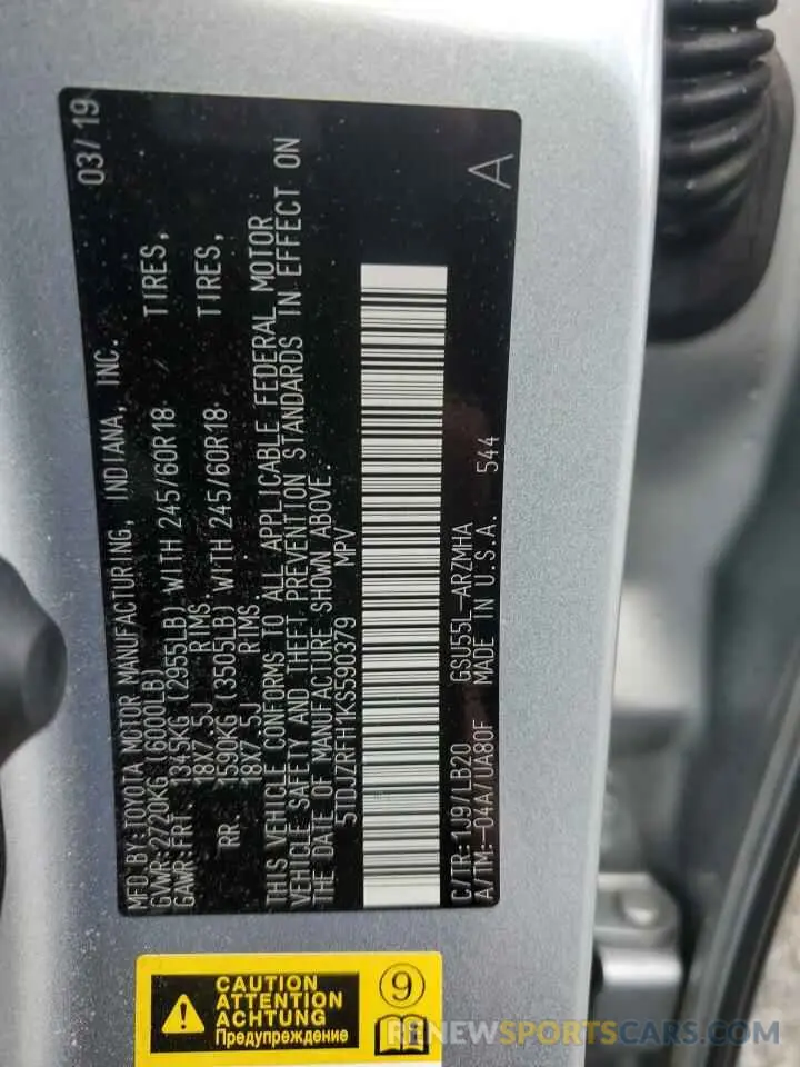 13 Photograph of a damaged car 5TDJZRFH1KS590379 TOYOTA HIGHLANDER 2019