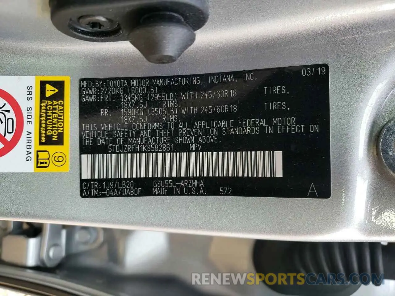 13 Photograph of a damaged car 5TDJZRFH1KS592861 TOYOTA HIGHLANDER 2019