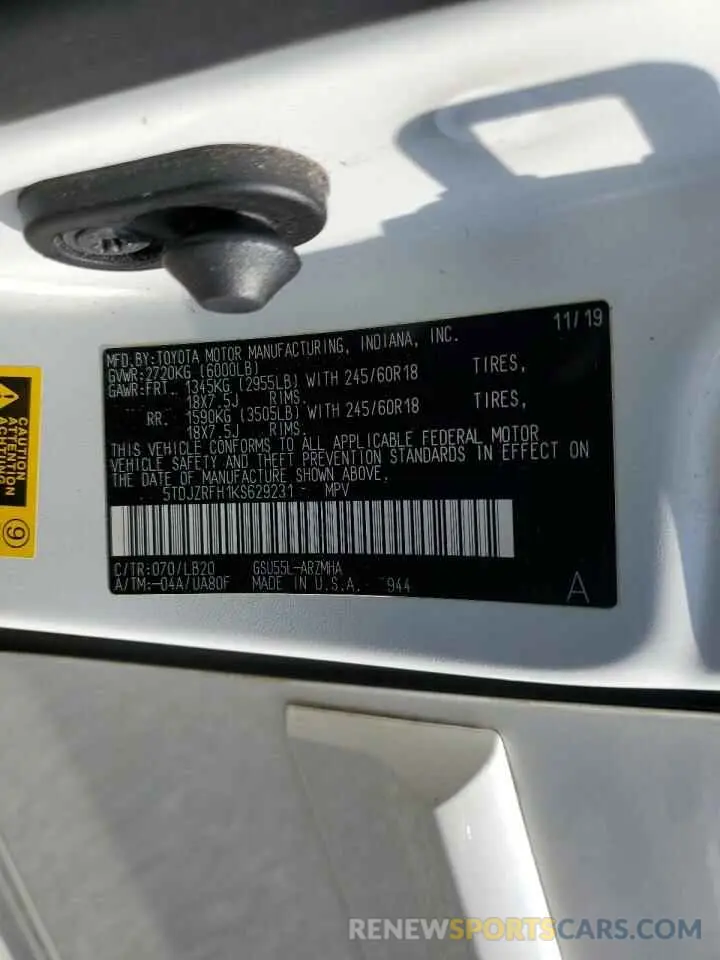 13 Photograph of a damaged car 5TDJZRFH1KS629231 TOYOTA HIGHLANDER 2019