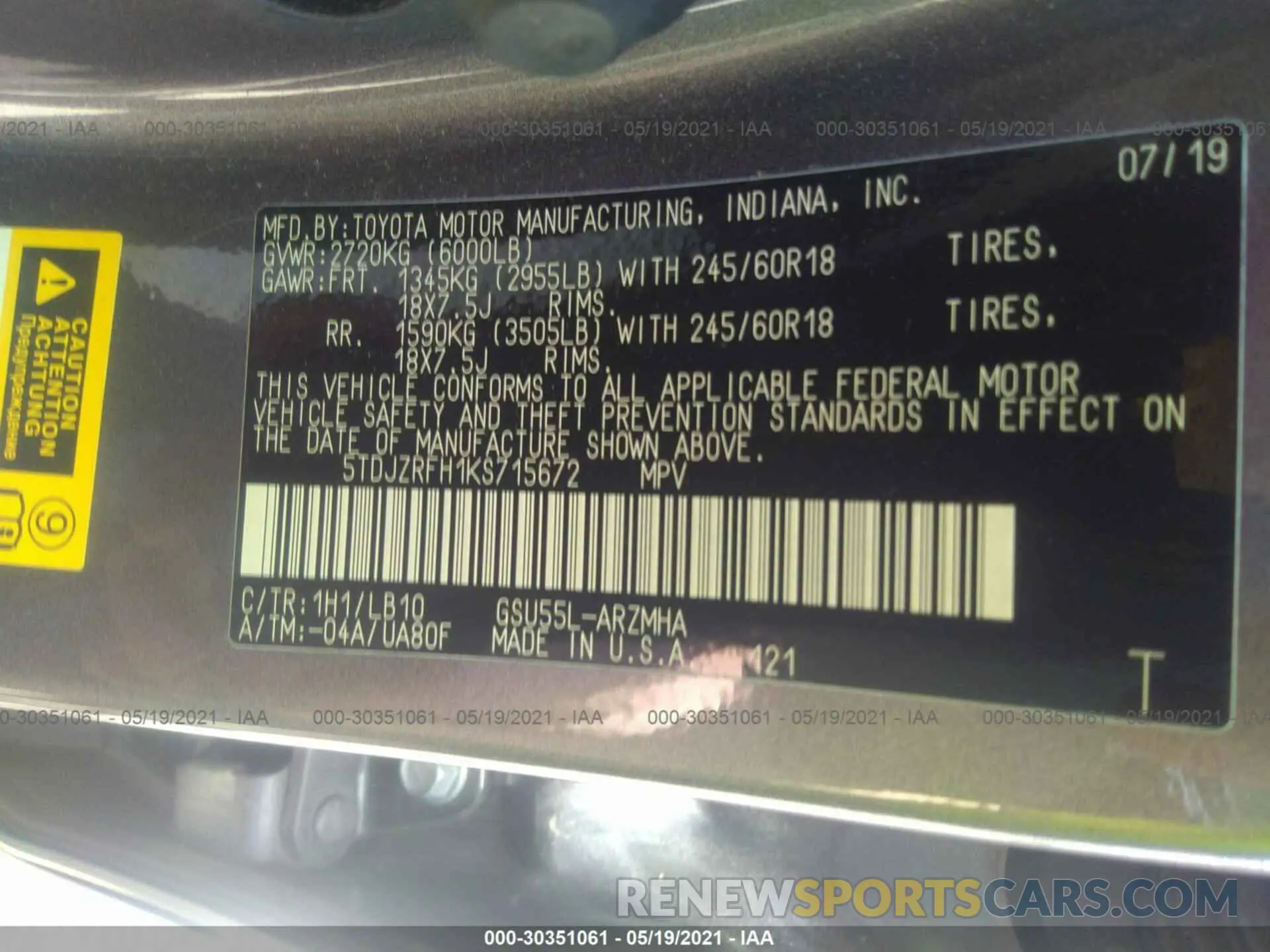 9 Photograph of a damaged car 5TDJZRFH1KS715672 TOYOTA HIGHLANDER 2019