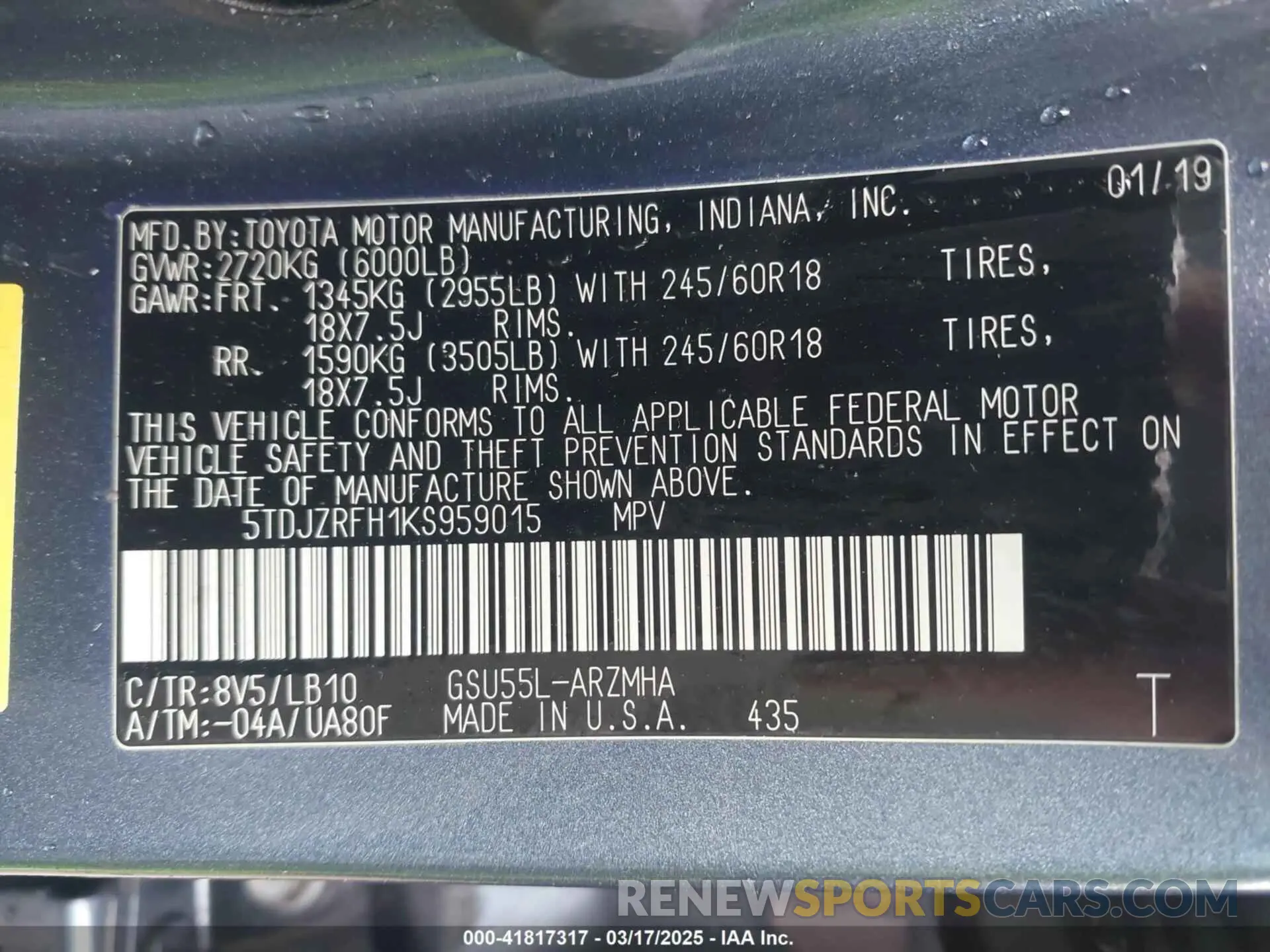 9 Photograph of a damaged car 5TDJZRFH1KS959015 TOYOTA HIGHLANDER 2019