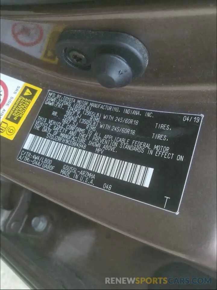 10 Photograph of a damaged car 5TDJZRFH1KS984948 TOYOTA HIGHLANDER 2019
