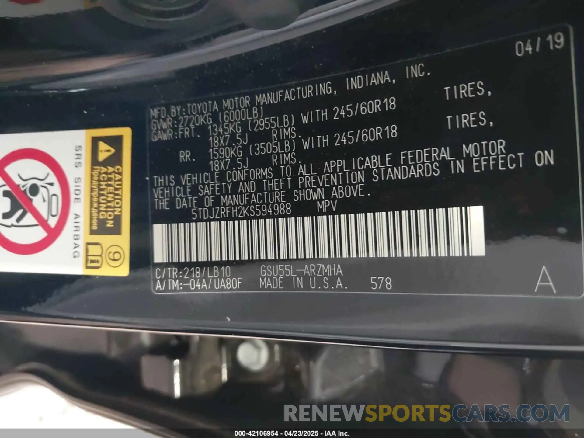 9 Photograph of a damaged car 5TDJZRFH2KS594988 TOYOTA HIGHLANDER 2019