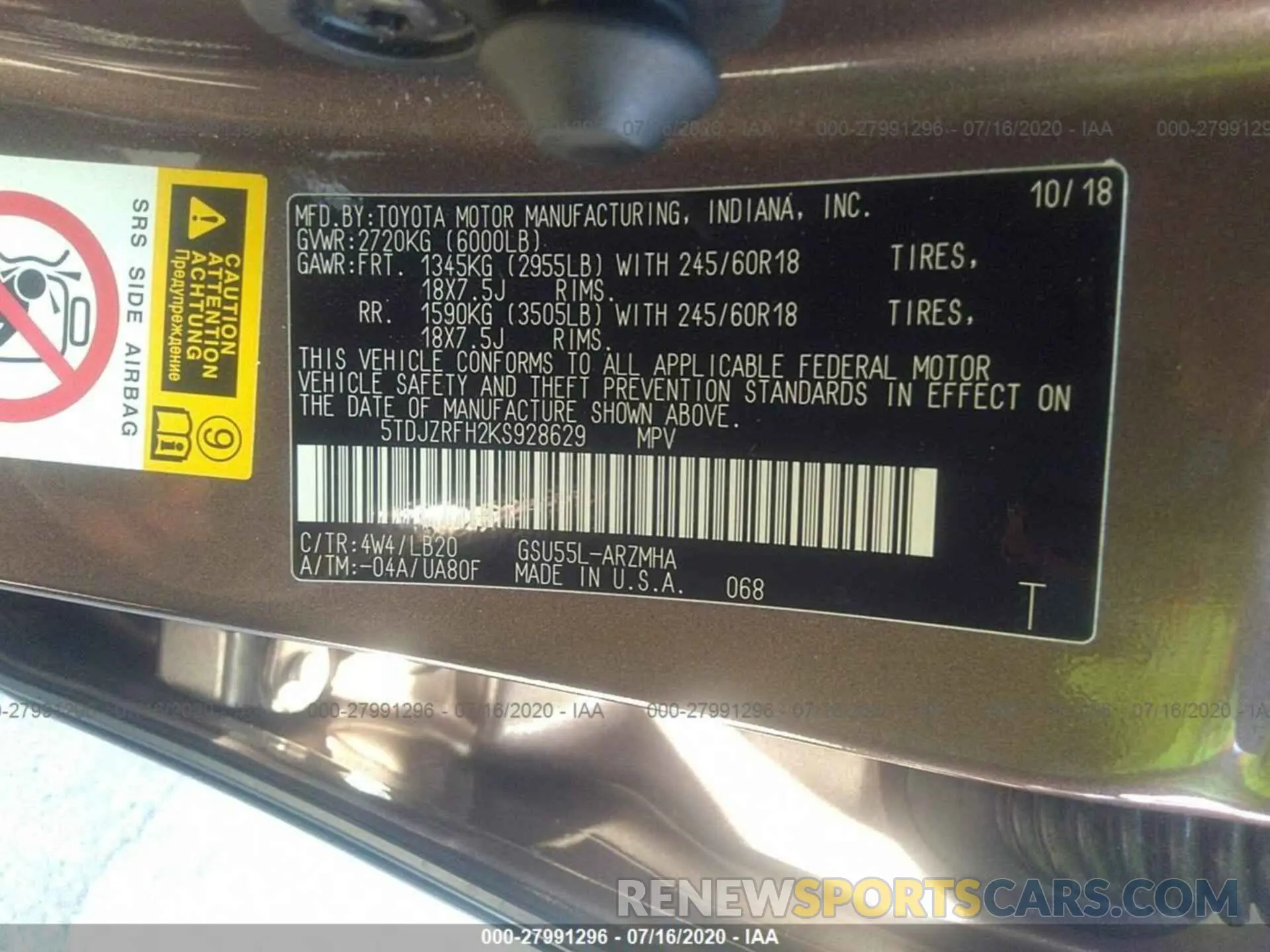 9 Photograph of a damaged car 5TDJZRFH2KS928629 TOYOTA HIGHLANDER 2019