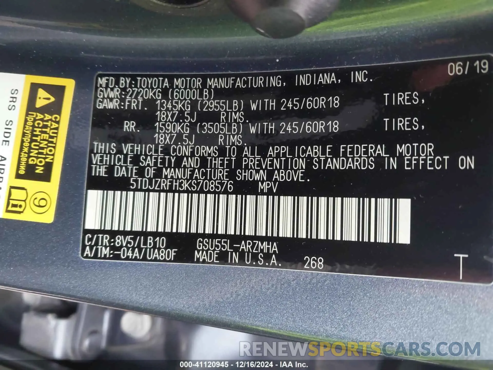 9 Photograph of a damaged car 5TDJZRFH3KS708576 TOYOTA HIGHLANDER 2019