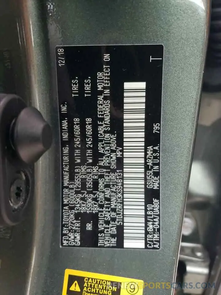 13 Photograph of a damaged car 5TDJZRFH3KS948131 TOYOTA HIGHLANDER 2019