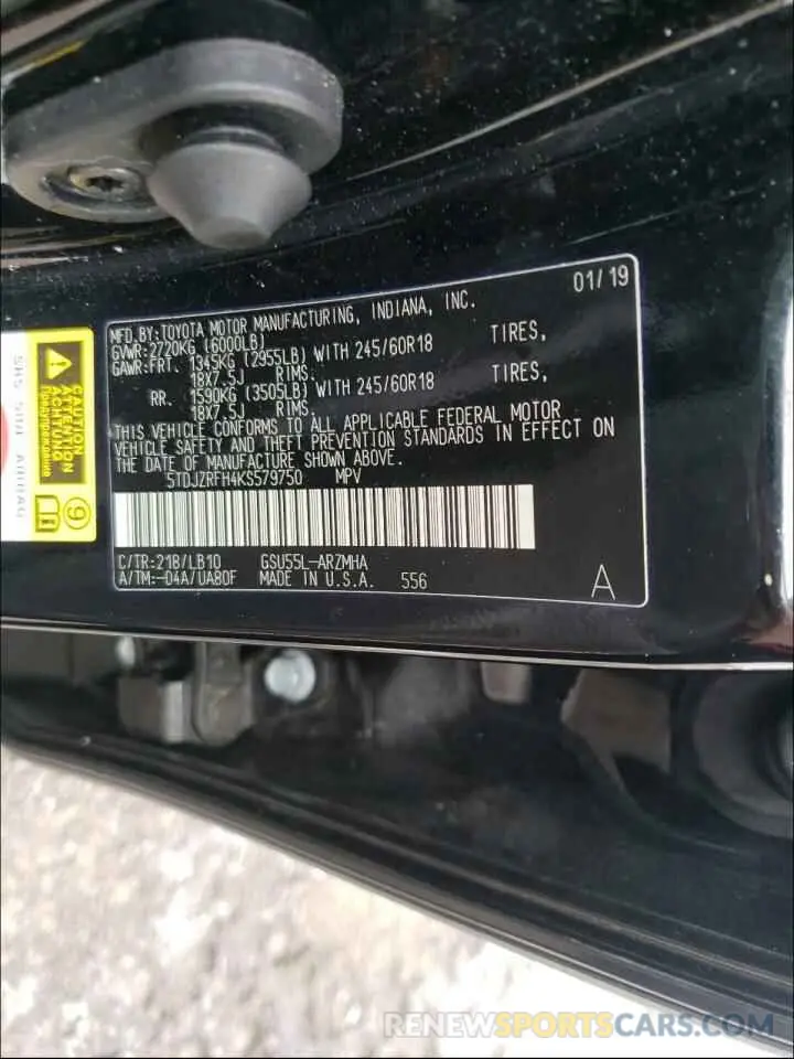 10 Photograph of a damaged car 5TDJZRFH4KS579750 TOYOTA HIGHLANDER 2019