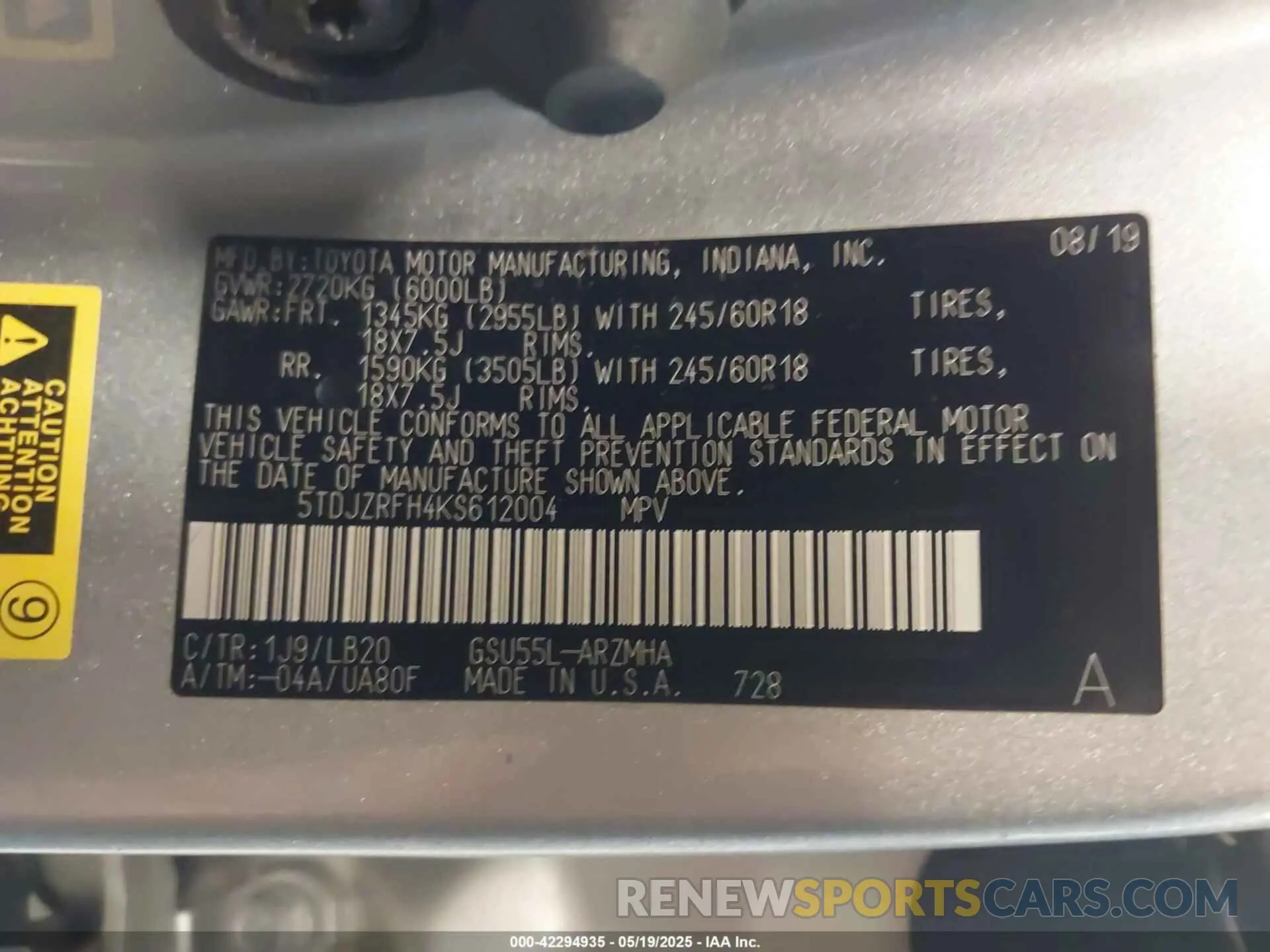9 Photograph of a damaged car 5TDJZRFH4KS612004 TOYOTA HIGHLANDER 2019